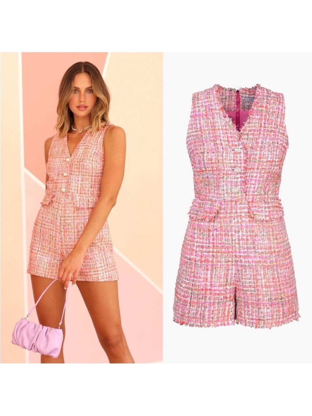 Adelyn Rae Pink Tweed V-Neck Sleeveless Romper